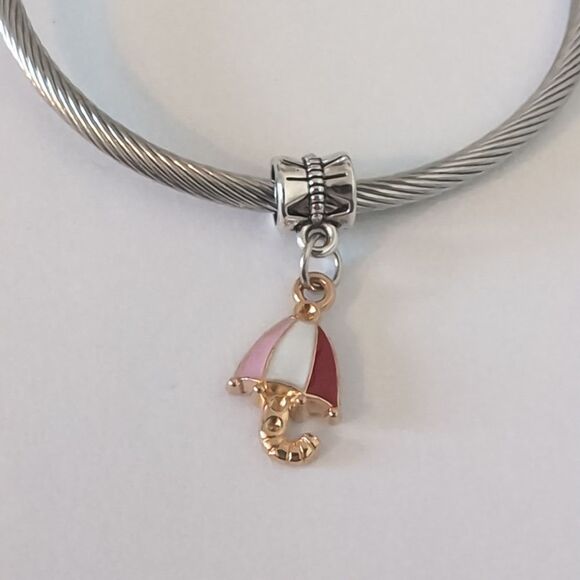 Gold Red Pink Umbrella Dangle Charm for Pandora Style Bracelet - Picture 1 of 4
